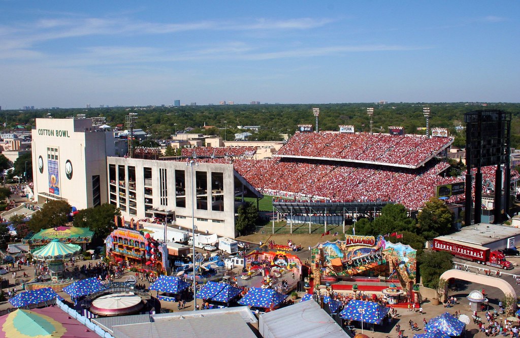 OU vs Texas played every year at the half way point between schools at the Texas Fairgrounds red river rivalry shootout football game state fair halfway point over 100 years and counting